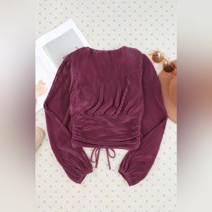 Dusty Purple Drawstring V-Neck Balloon Sleeve Blouse